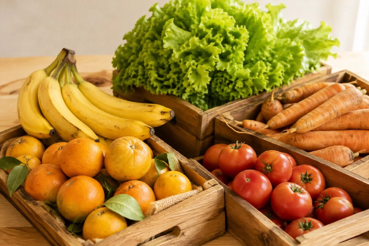 Bananas, laranjas, tomates, cenouras e alface em caixotes de madeira